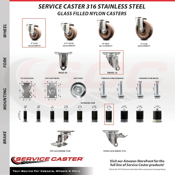 Service Caster 3 Inch 316SS High Temp Glass Filled Nylon 1-1/2 Inch Expanding Stem Caster Set SCC-SS316EX20S314-GFNSHT-112-4 - main